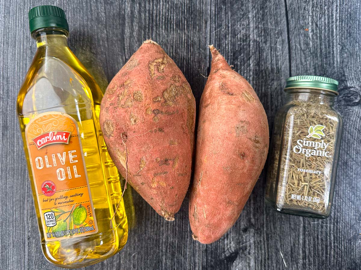 ingredients - 2 sweet potatoes, olive oil and a jar of rosemary