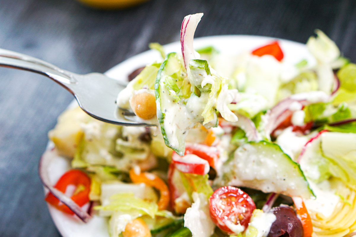 a forkful of Greek salad