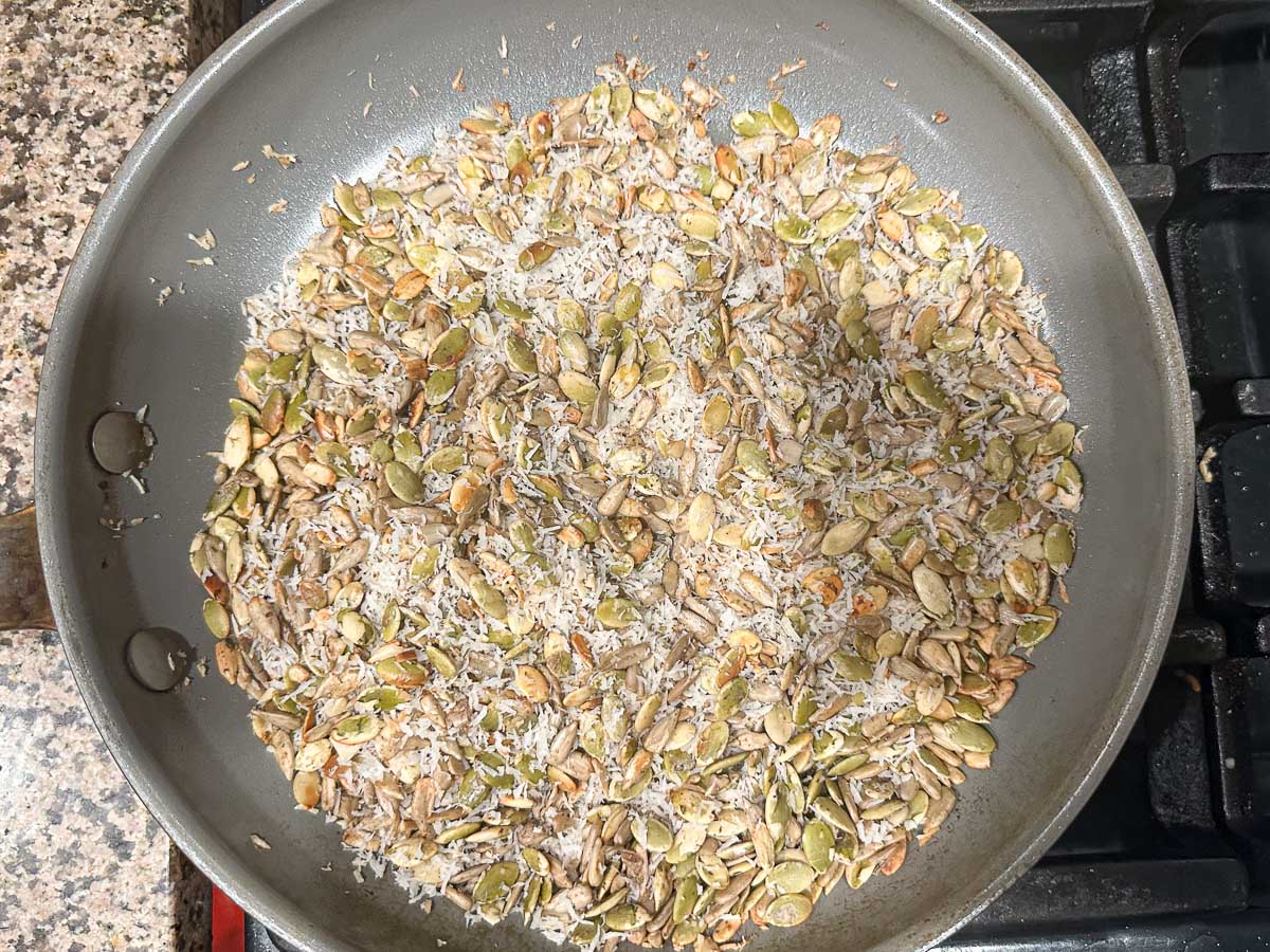 pan with toasted coconut and seeds