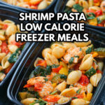 black freezer containers with low calorie shrimp pasta freezer meals and text