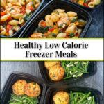 low calorie shrimp pasta and chicken Pattie freezer meals and text