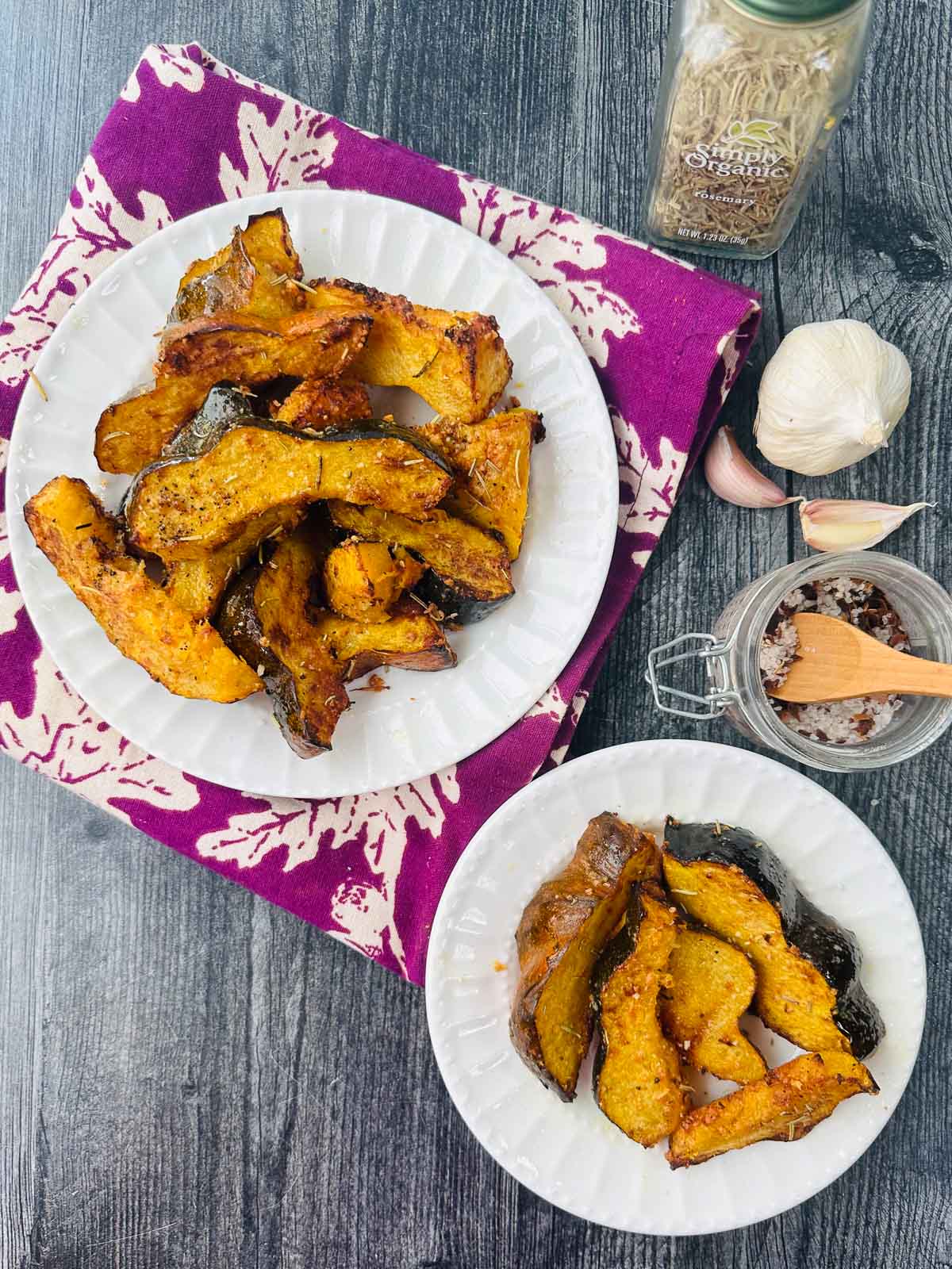 aerial view of plates with acorn squash fries made in air fryer