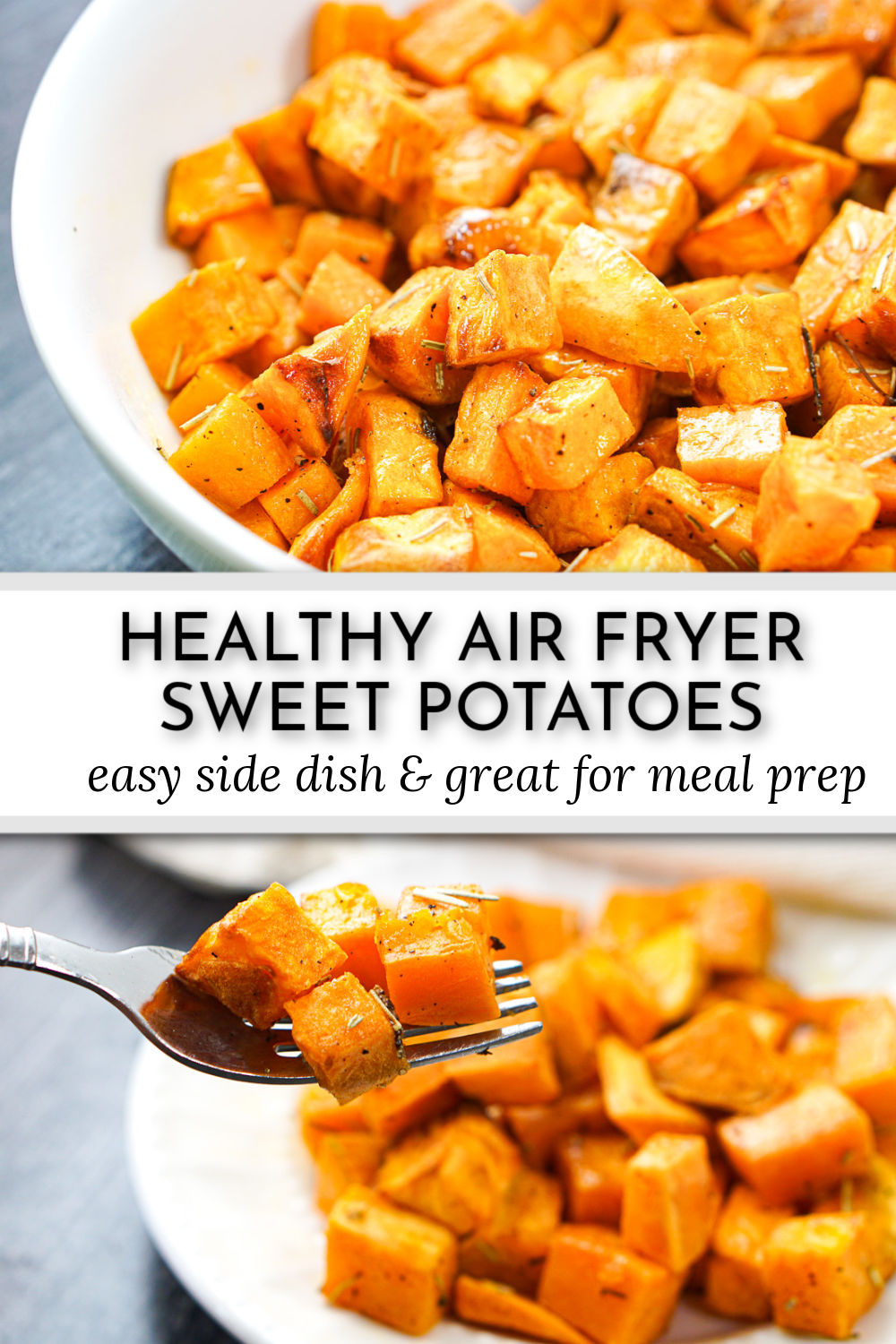 white bowl and forkful of roasted sweet potatoes and text