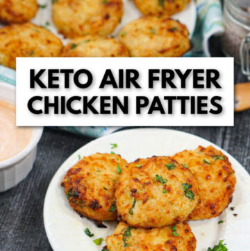 plates of keto chicken patties and a dipping sauce with text
