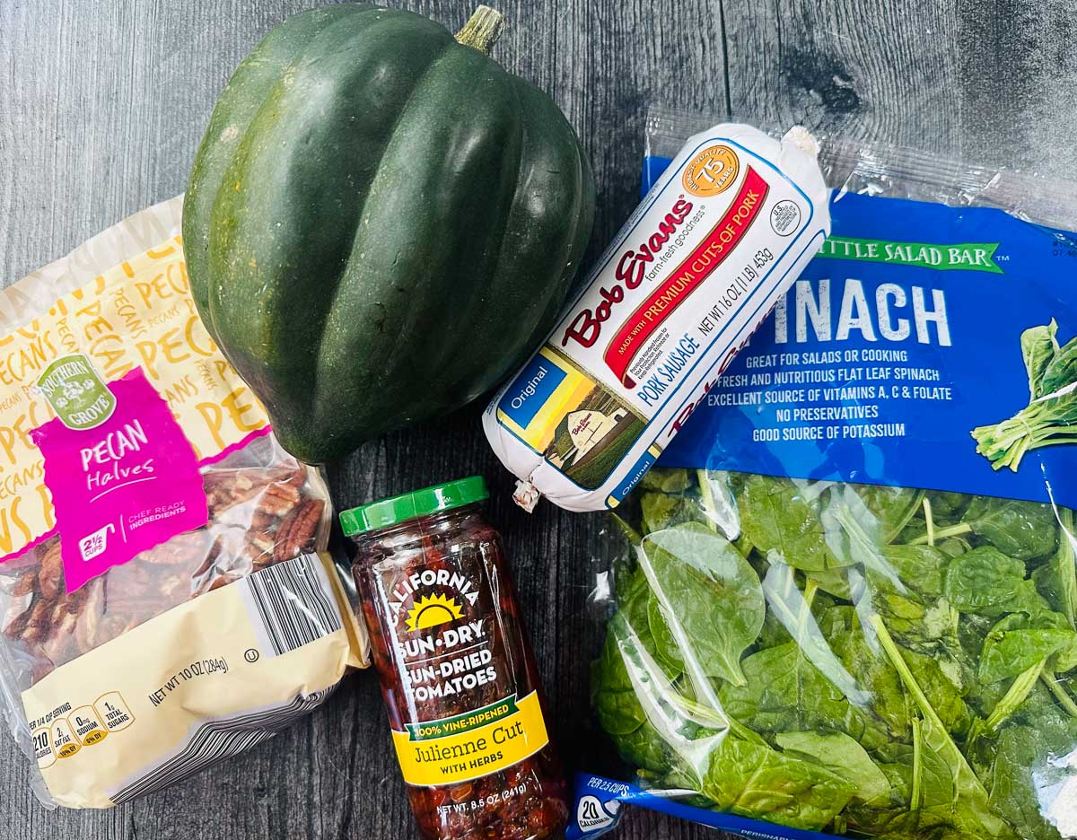 recipe ingredient, pecans, acorn squash, spinach and sun dried tomatoes