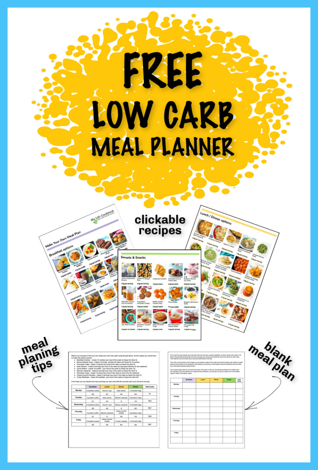 graphic showing free low carb meal planner and text