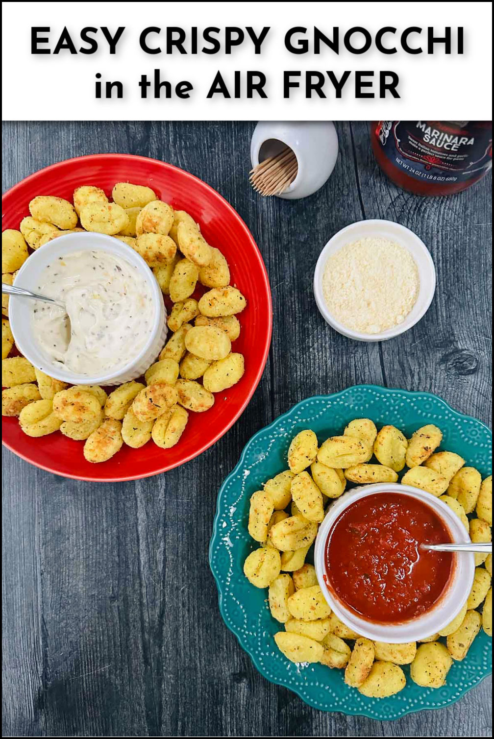 green and red plates with air fryer gnocchi and dips and text