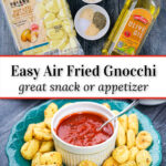 green plate with air fryer gnocchi and dips and text
