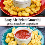 green and red plates with air fryer gnocchi and dips and text