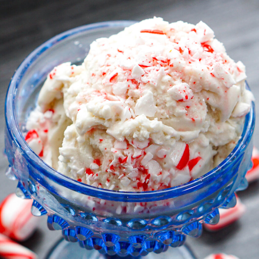 closeup of blue bowl with keto candy cane ice cream