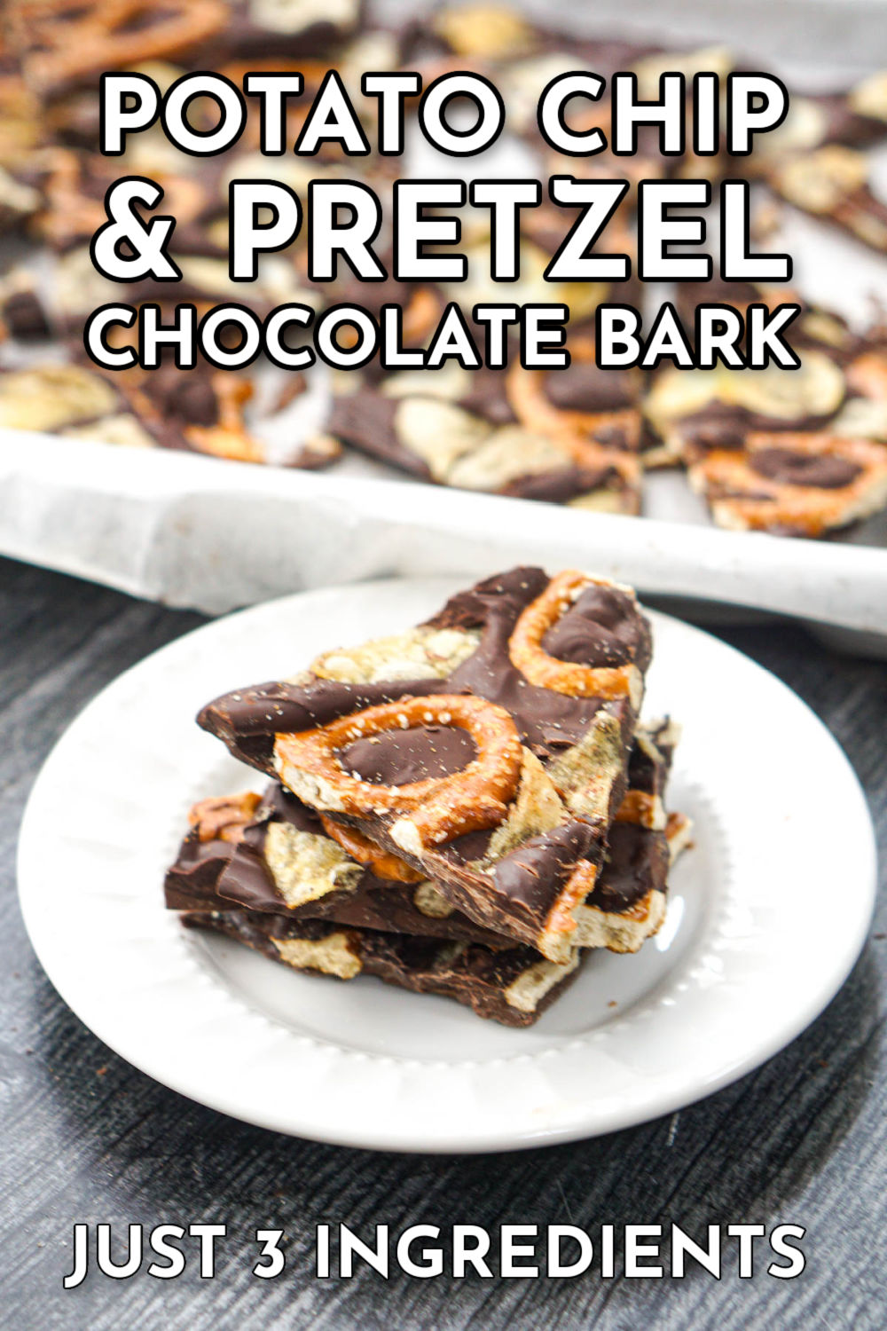 pieces of chocolate bake with potato chips and pretzels with baking sheet in background and text