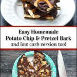 white plate with 3 pieces of pretzel chocolate in a stack and low carb version too and text