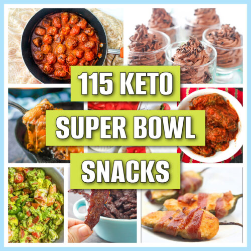 collage of keto Super Bowl snacks and text