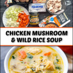 ingredients and aerial view of a white bowl with chicken and mushroom wild rice soup and text