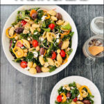 aerial view of white bowl and plate with kale pasta salad and text