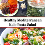 white bowl and ingredients with kale pasta salad and text