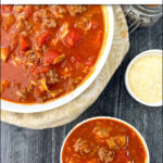 white bowls with easy stuffed cabbage soup and text