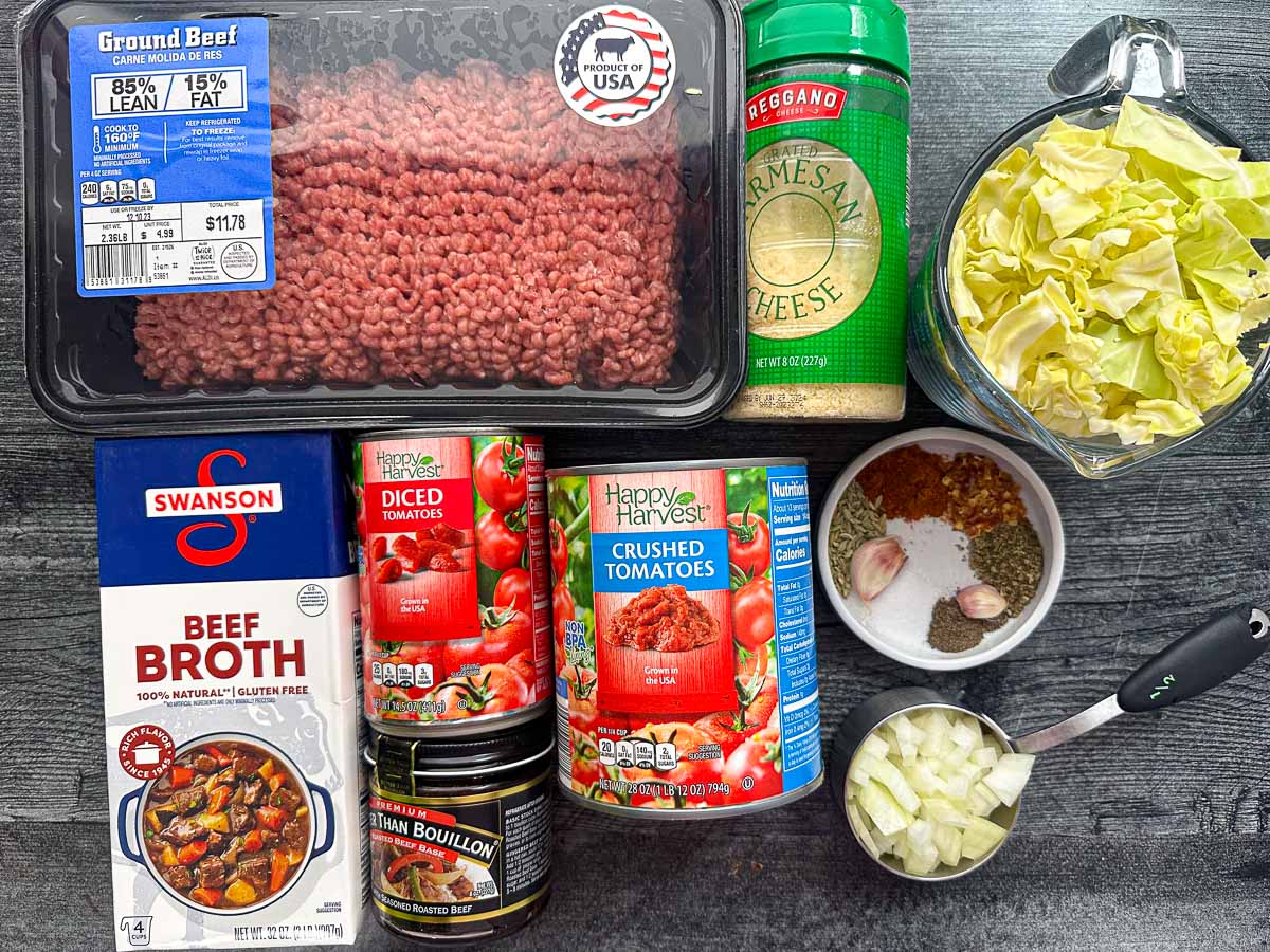 recipe ingredients - broth, ground beef, parmesan, cabbage, tomato paste, dice tomatoes, onions and spices