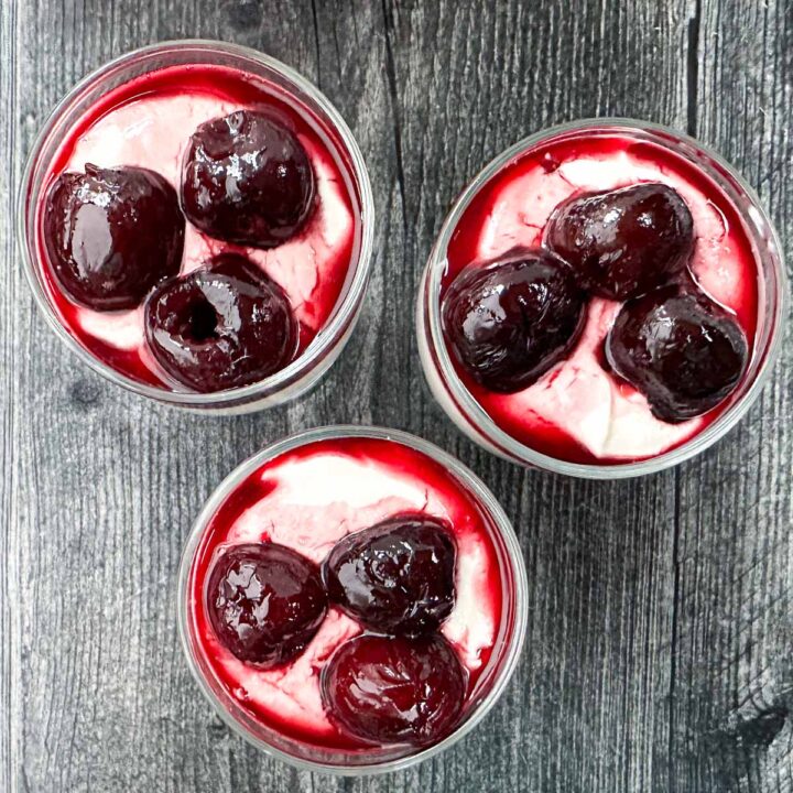 3 glass dishes with keto cherry whipped cottage cheese