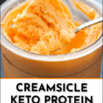 closeup of a pint container with a spoon of finished creamsicle ice cream with text