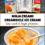 ingredients and closeup of a pint container with a spoon of finished creamsicle ice cream with text