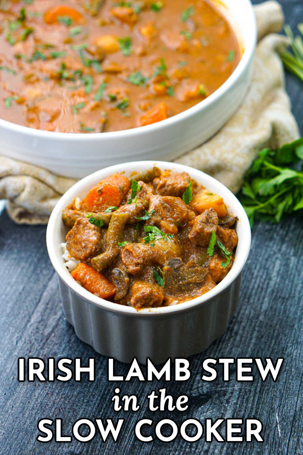 large and small bowl with Irish lamb stew made in the slow cooker and text