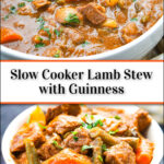 large and small bowl with Irish lamb stew made in the slow cooker and text