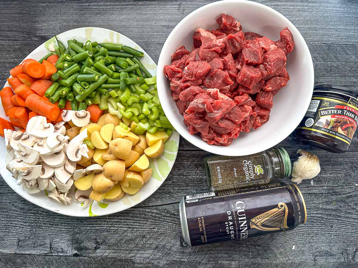 recipe ingredients - lamb pieces, chopped veggies, Guiness beer, thyme, garlic, better than bouillon