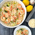 aerial view of white bowl and plate with parmesan shrimp and couscous with fresh lemon and text