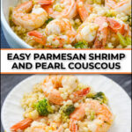 white bowl and plate with parmesan shrimp and couscous with fresh lemon and text