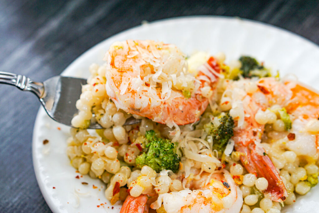 Parmesan Couscous and Shrimp with garlic, lemon & broccoli!
