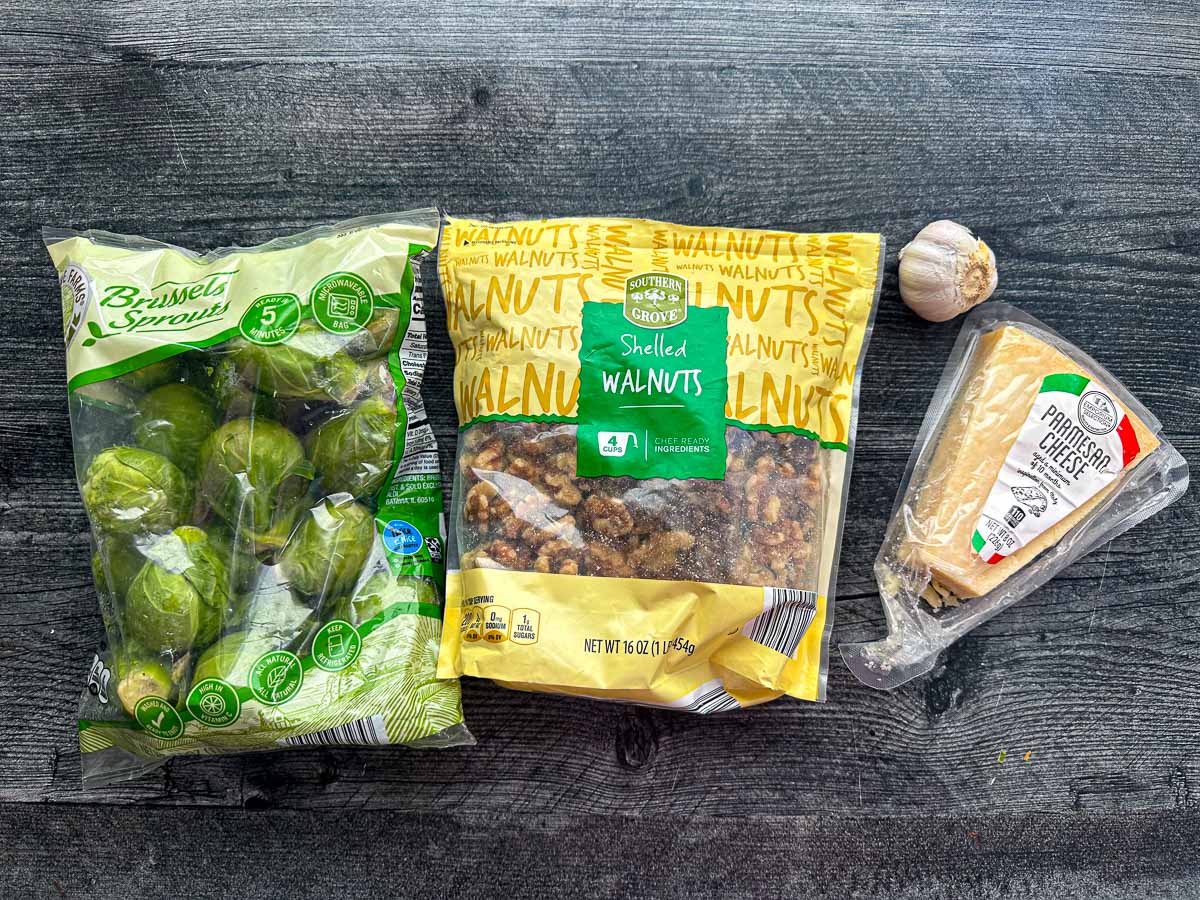 recipe ingredients - brussels sprouts, walnuts, garlic and parmesan cheese