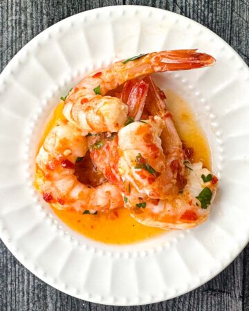 white plate with 3 spicy keto Yucatan shrimp