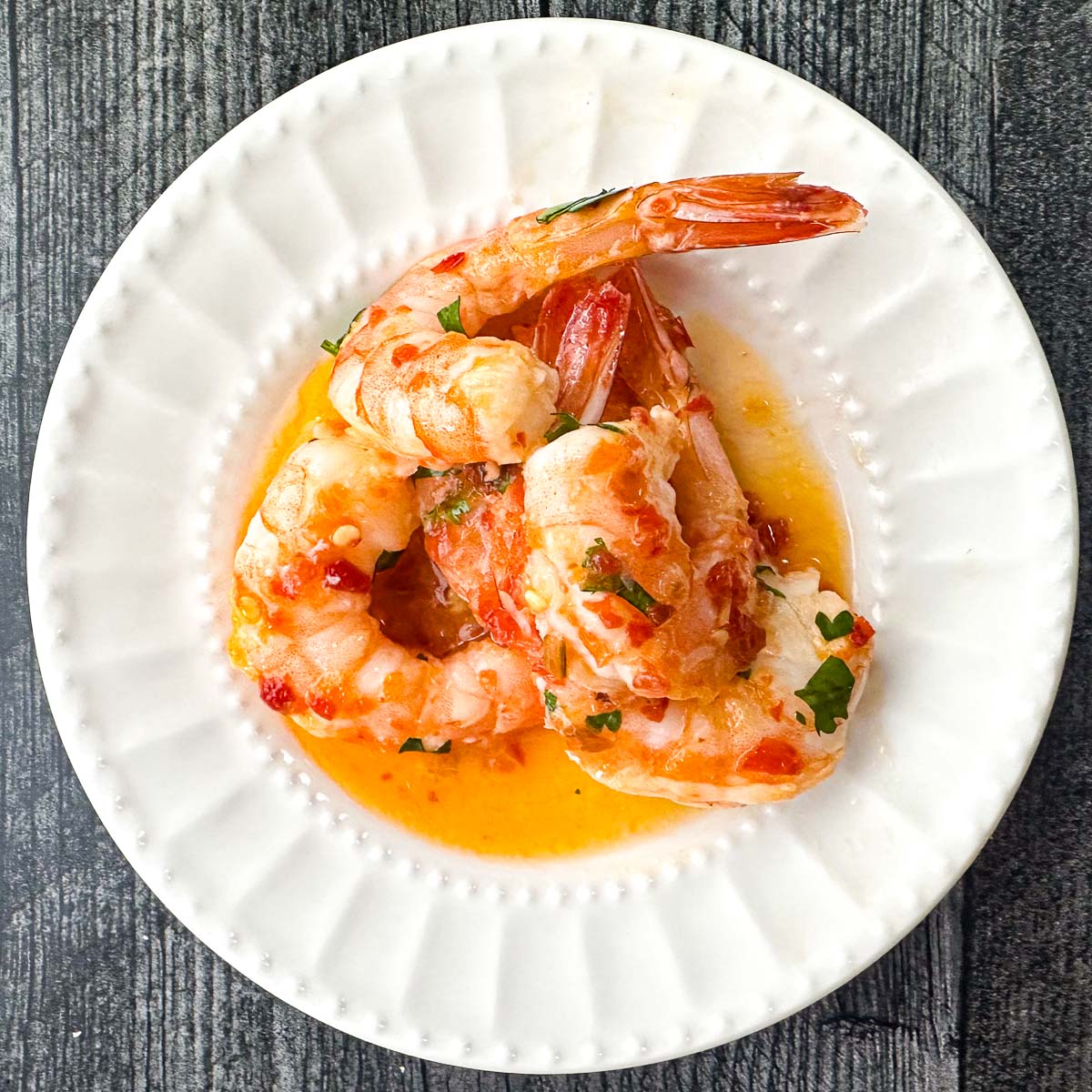 white plate with 3 spicy keto Yucatan shrimp 