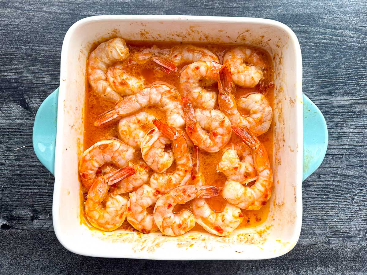 baking dish with finished spicy shrimp