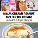 ingredients and pint container with finished peanut butter Ninja Creami protein ice cream and chocolate shavings with text