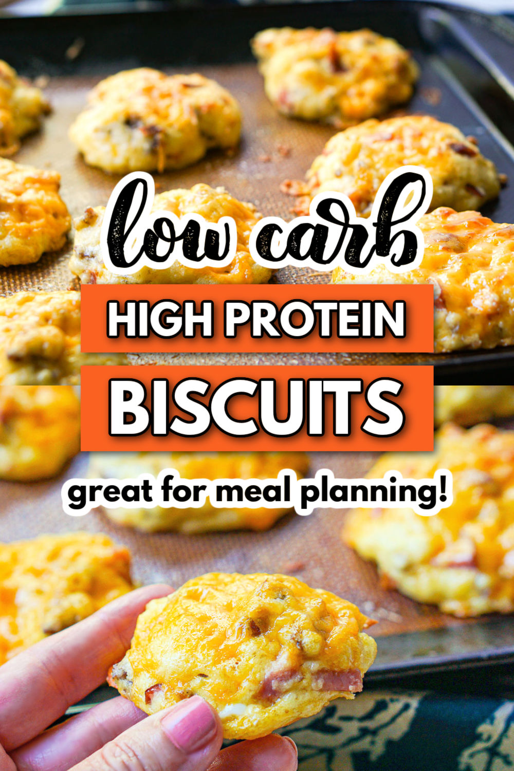 tray of low carb high protein breakfast biscuits and text