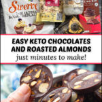 ingredients and fingers holding a keto almond chocolate and text
