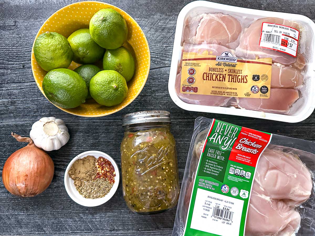 Recipe ingredients I used, chicken thighs and breasts, onion, garlic, spices, salsa verde and limes for garnish.
