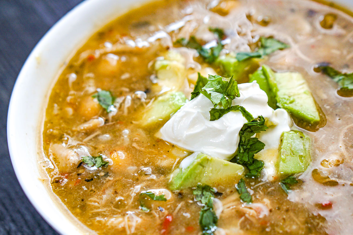 Closeup of a bowl of chicken chick pea chili.