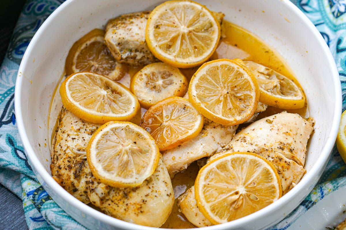 closeup of. bowl with lemon chicken