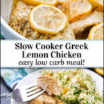 white bowl and plate with slow cooker greek chicken and fresh lemons and parsley and text