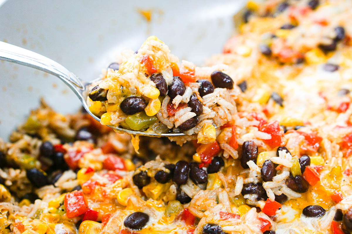 a closeup of a spoonful of the finished dish