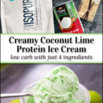 ingredients and a closeup of a spoonful of Ninja cream keto coconut lime ice cream and few fresh limes and text