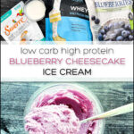 ingredients and a pint container with blueberry cheesecake ice cream made in Ninja Creami with text