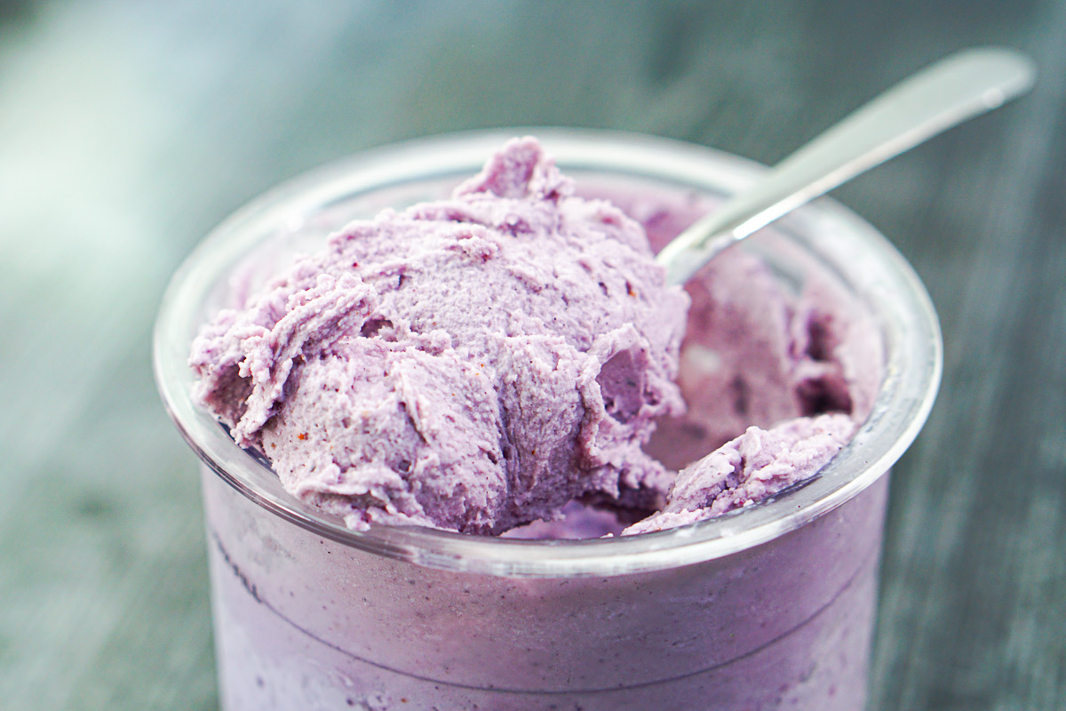 closeup of a spoonful of keto blueberry protein ice cream