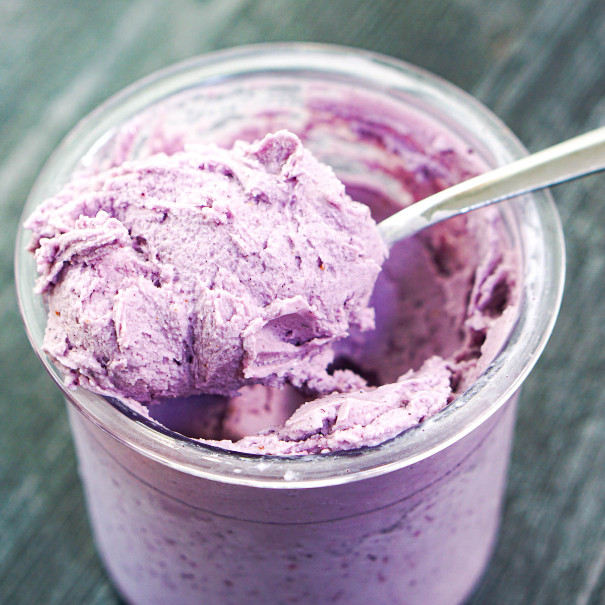 closeup of a container with blueberry Ninja Creami protein ice cream