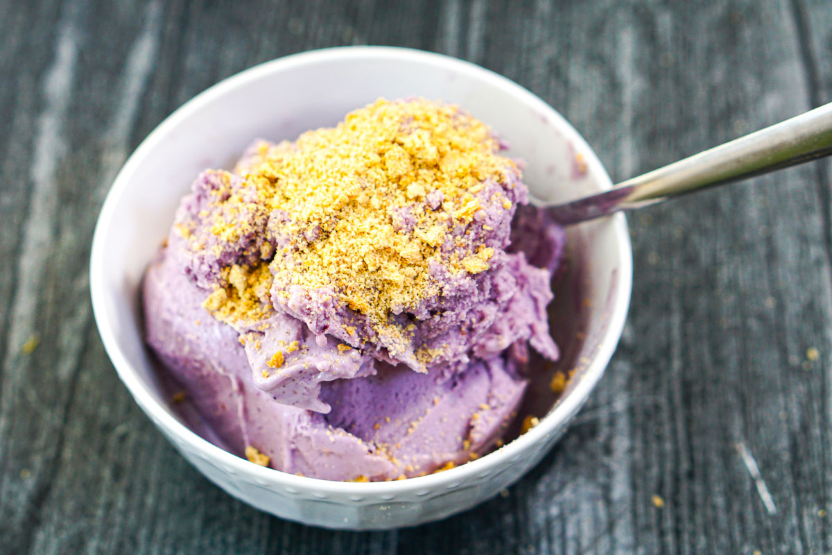 white bowl with graham cracker crumbs on top