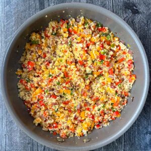pan with keto cauliflower rice pilaf with peppers