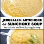 Closeup of bowls of Jerusalem artichoke soup with green onions on top and text overlay.